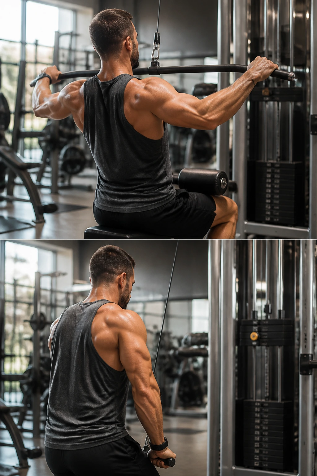 Lifter performing lat pulldown and straight-arm pulldown at a cable station in a gym