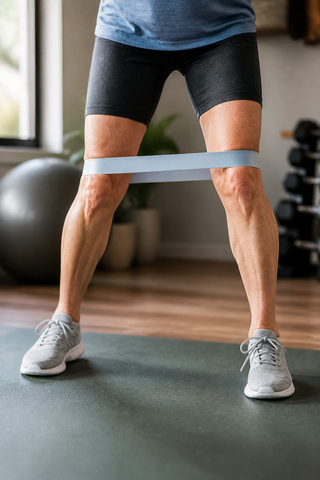 Close-up of an older adult performing lateral band walks to improve hip stability