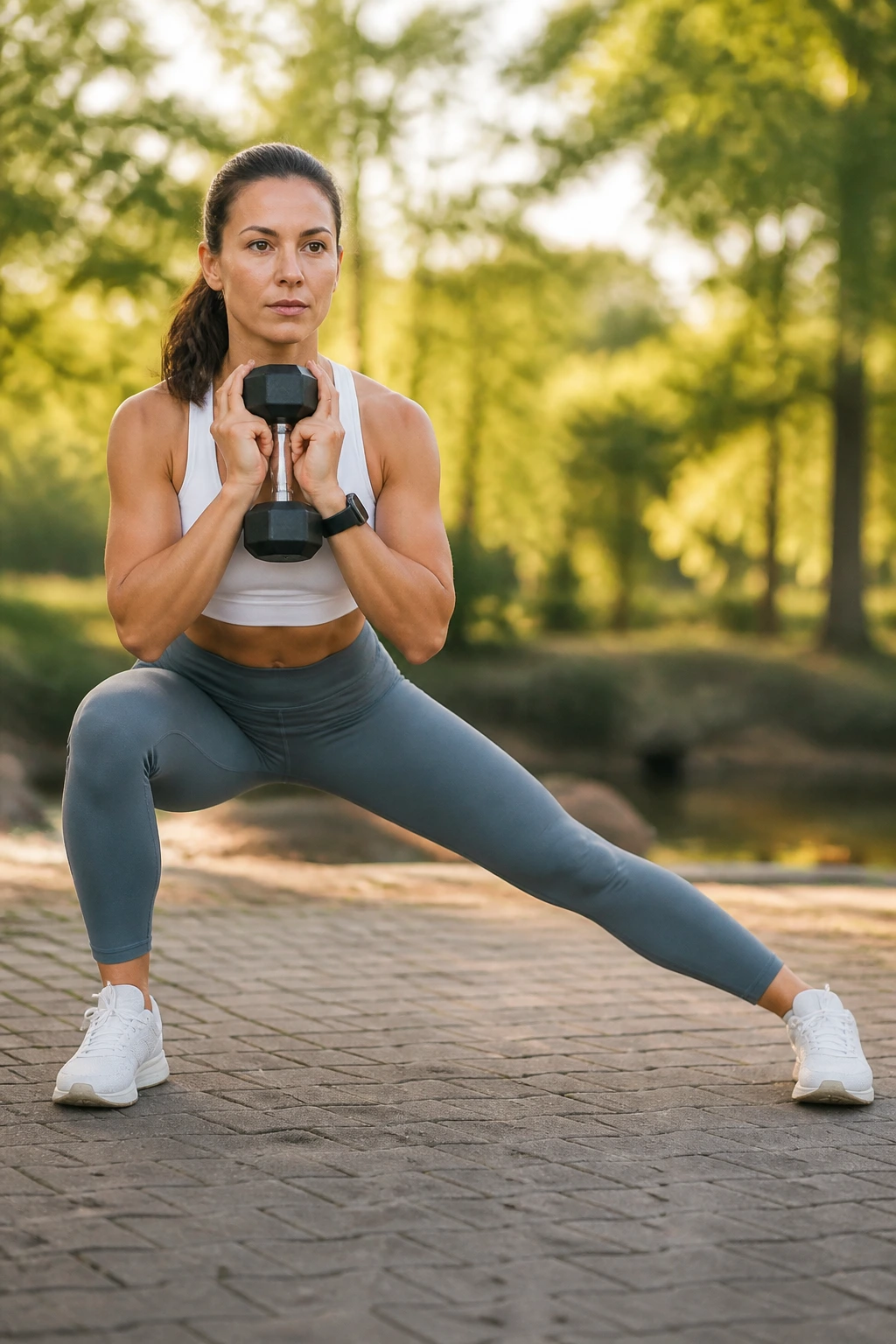 Medium-close shot of a woman performing a lateral lunge with a dumbbell in goblet position