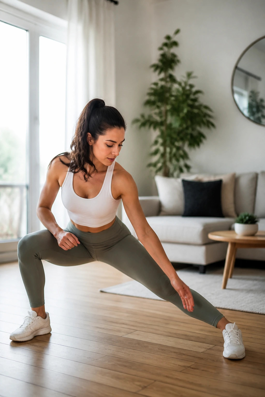 Person in lateral lunge reaching to working side
