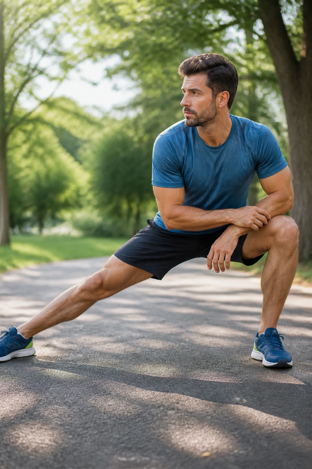 Medium close-up of a person performing a lateral lunge stretch in a park