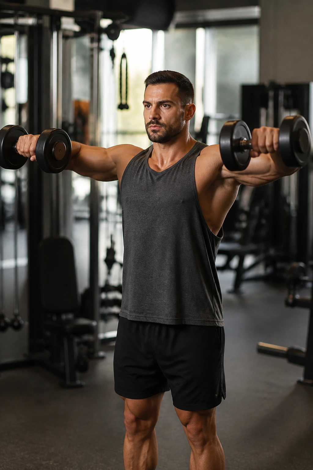 Athlete doing dumbbell lateral raises in a gym, shoulders raised to shoulder height