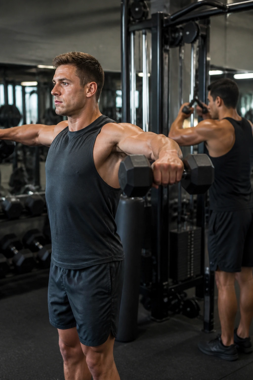 Lifter performing lateral raise with face pull setup in background