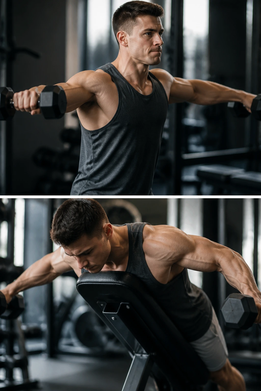 Athlete performing lateral raise and chest-supported rear-delt fly in gym
