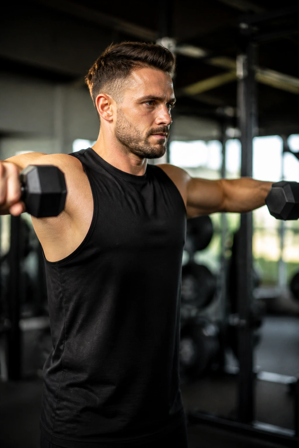 Lateral raise emphasizing side delts in a gym setting