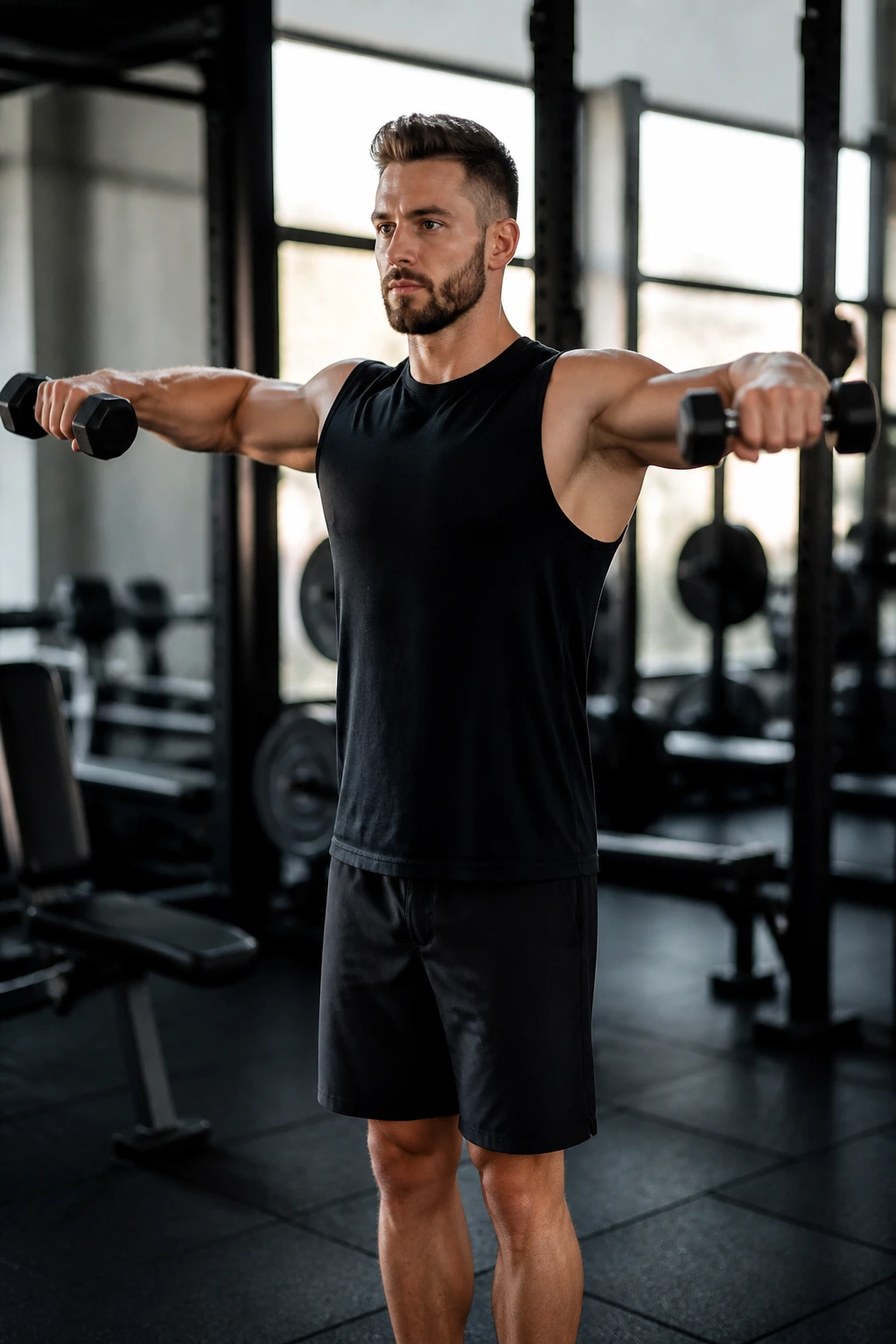 Real person performing lateral raises with dumbbells in a gym