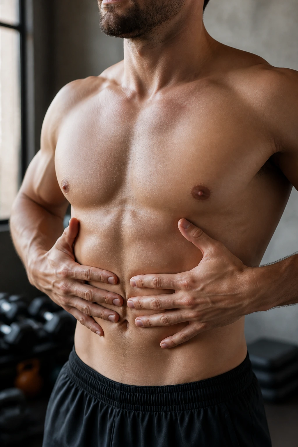 Close-up of torso showing lateral ribcage expansion with hands on lower ribs.
