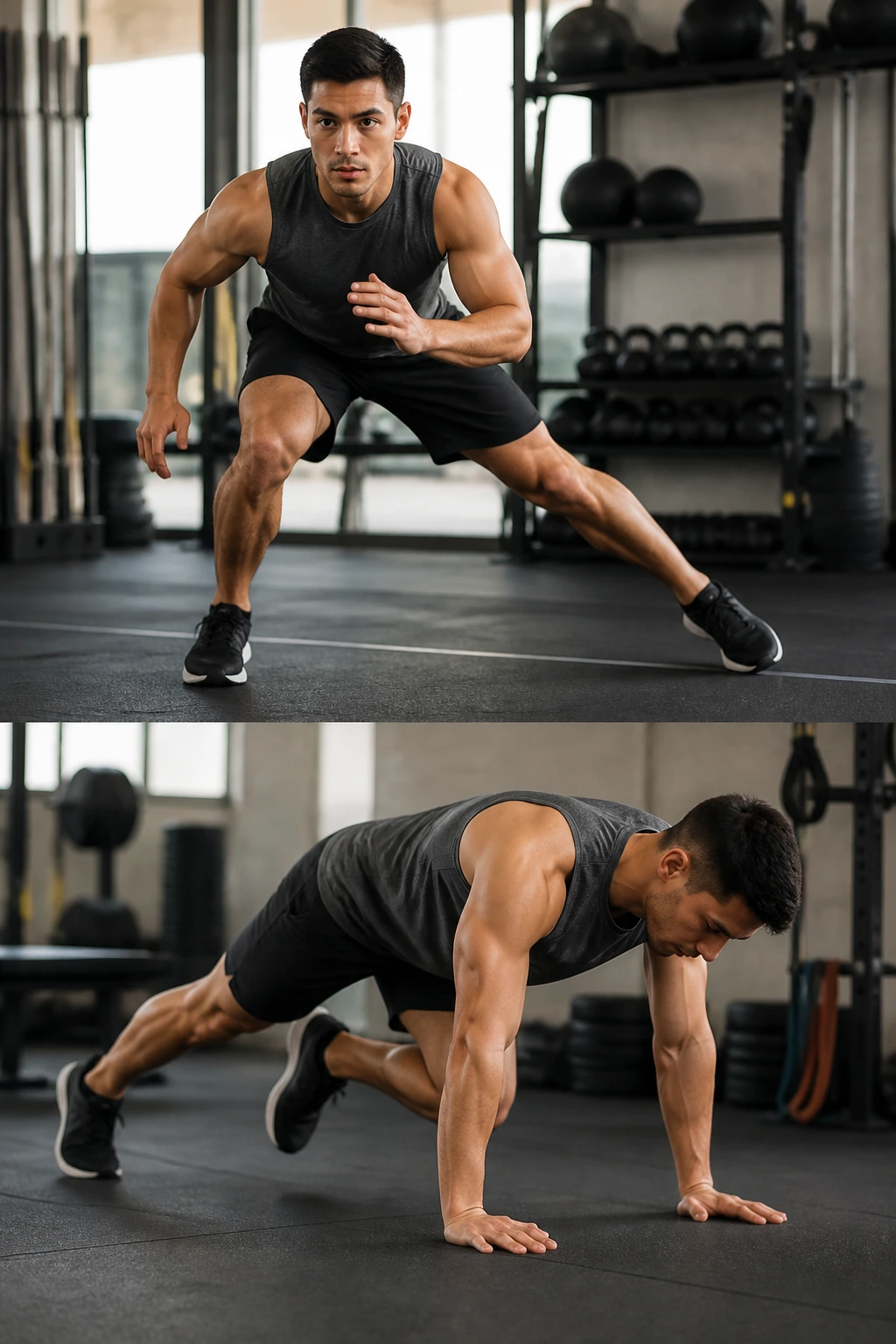 Medium close-up of an athlete performing lateral shuffle followed by climbers on a gym floor