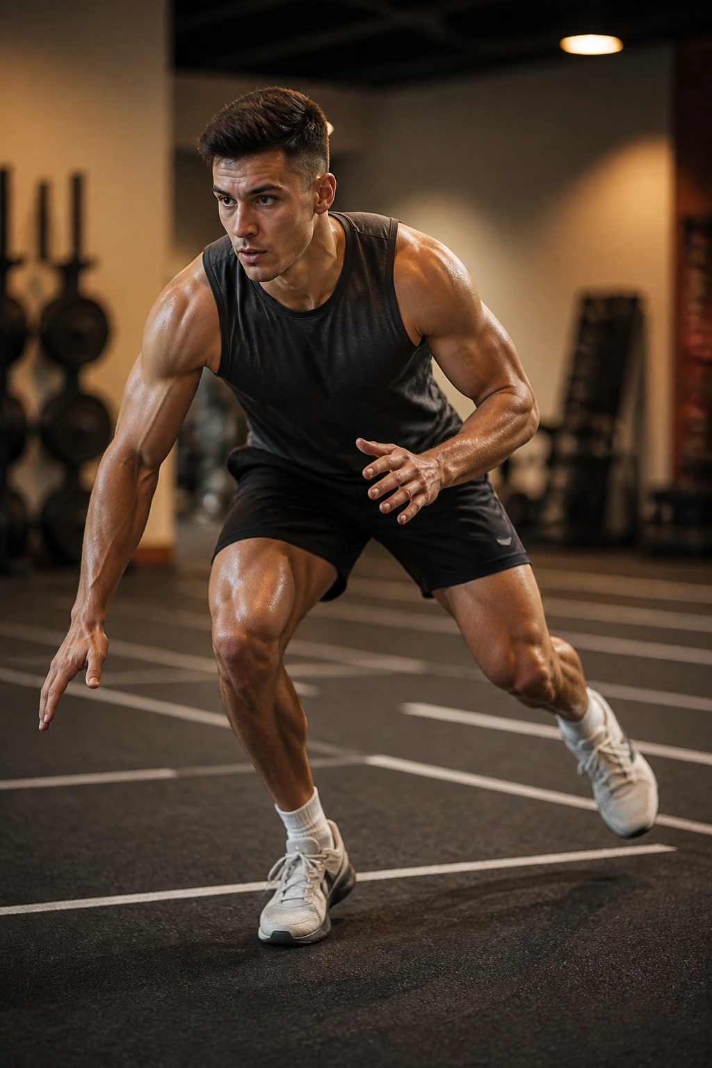 Athlete in low stance performing a lateral shuffle on a gym floor