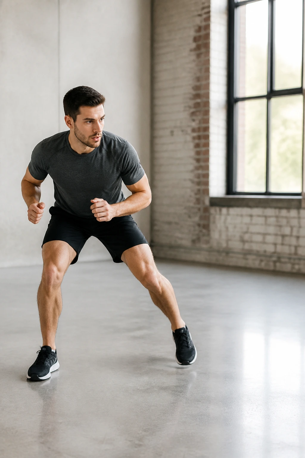 Full-body action shot of a person doing quick lateral shuffles in a gym