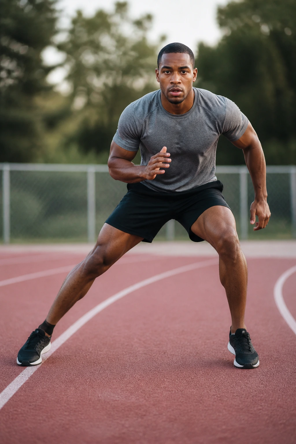 Person performing lateral shuffles in athletic stance on track