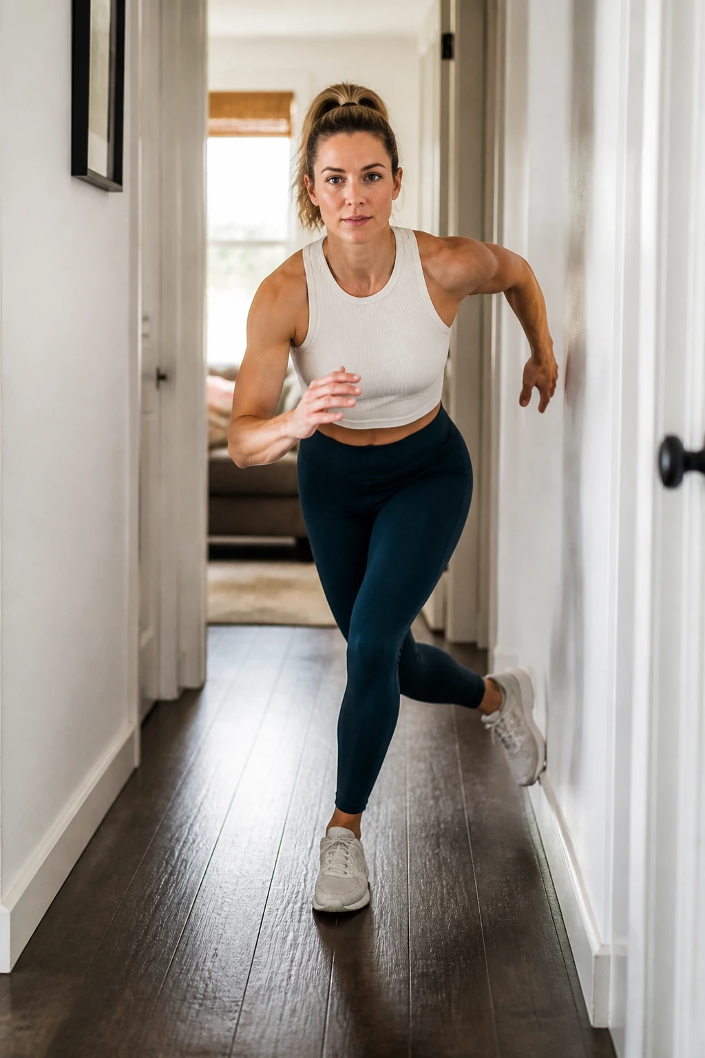 Mid-shot of person performing Lateral Skater Steps in a hallway