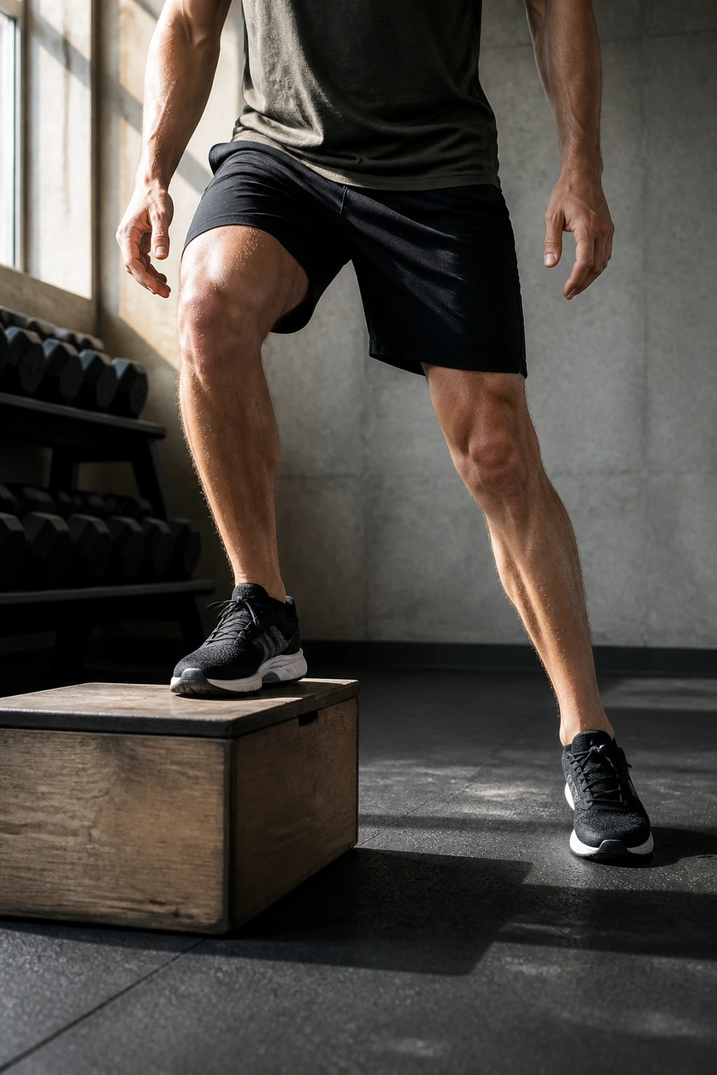 Close-up of knee tracking and pelvis stability during a lateral step-down on a low step