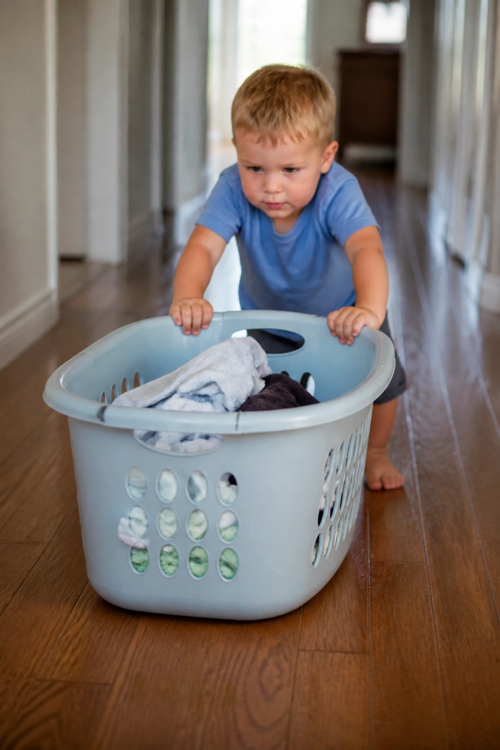 Toddler pushing a laundry basket across a hallway during a simple home workout