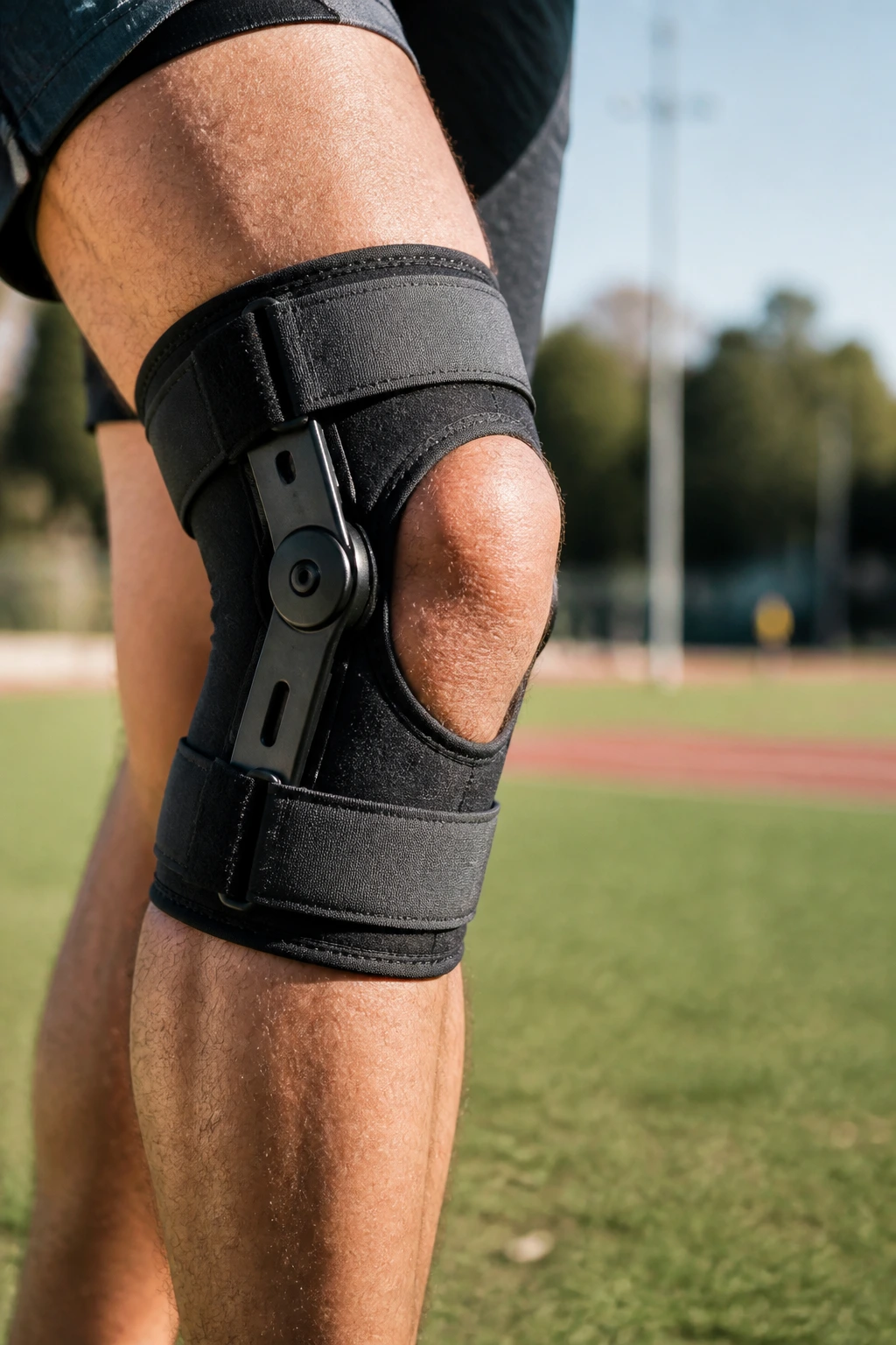 Knee with outer-side brace indicating LCL sprain injury.