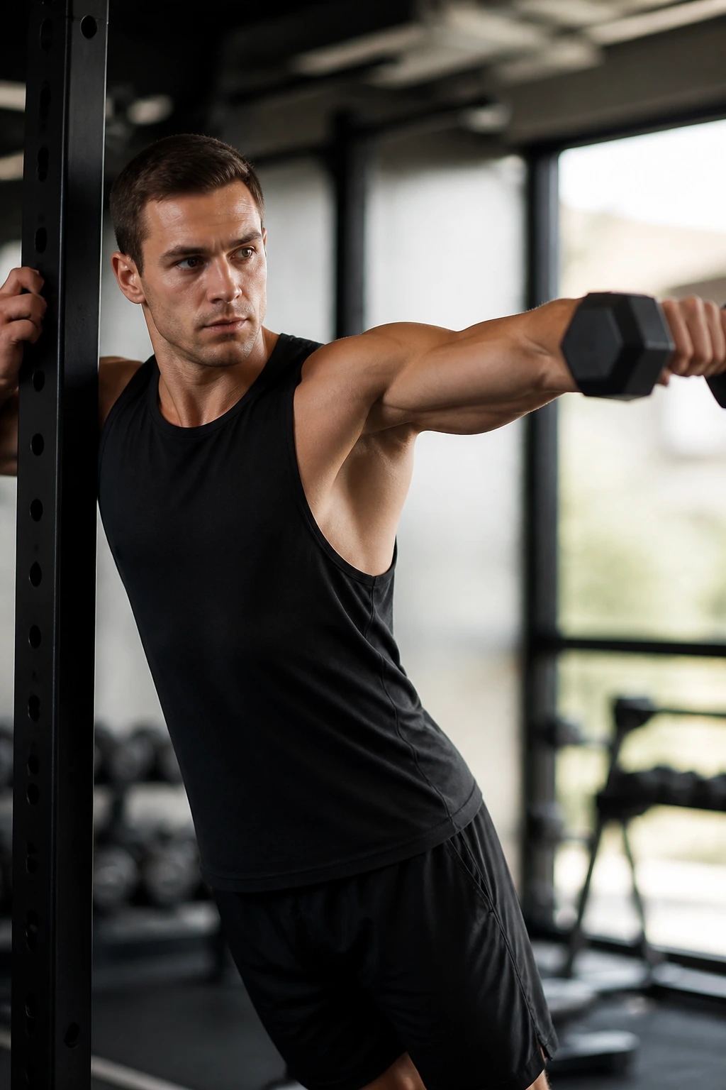 Lifters lean-away lateral raise showing side delt engagement in gym