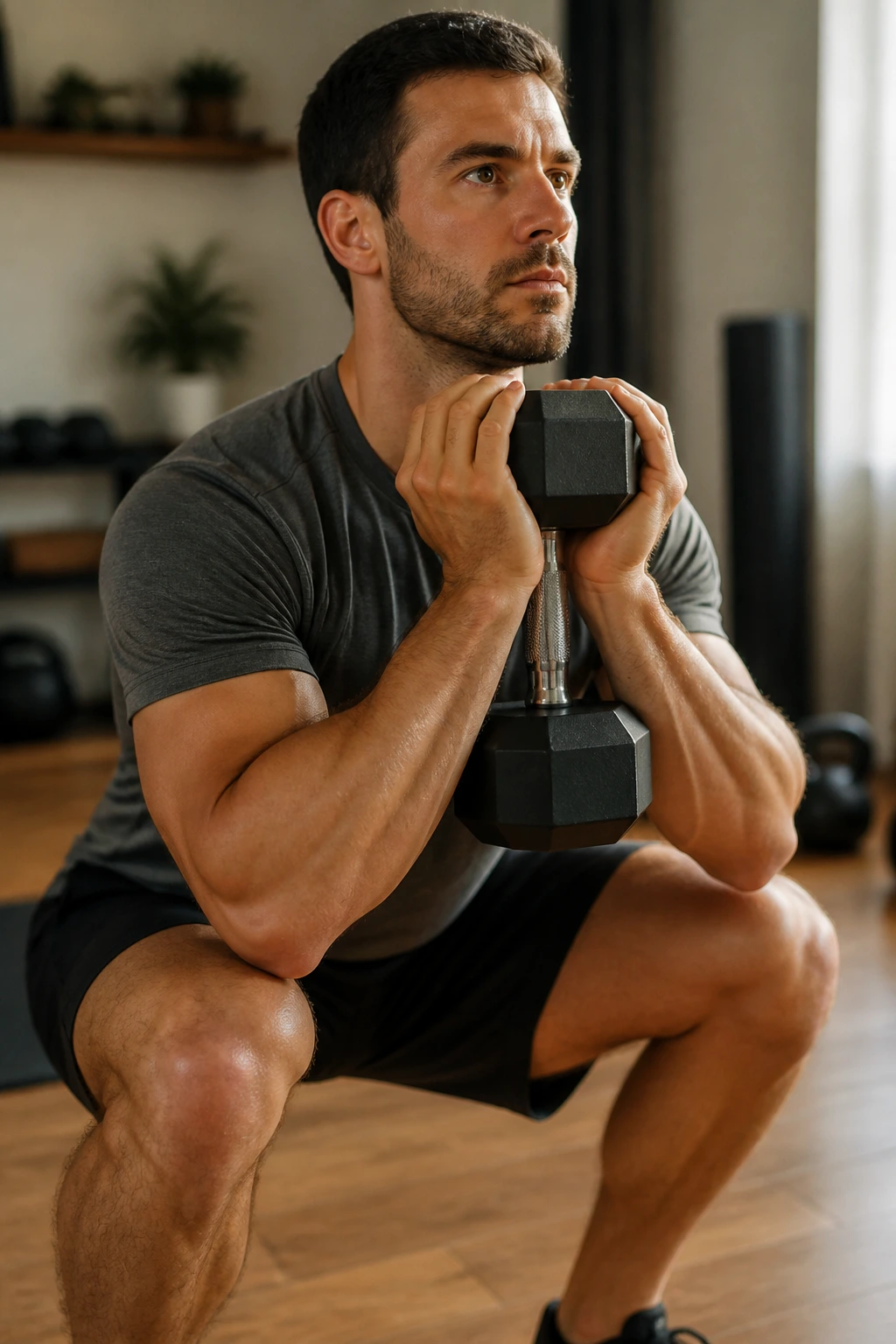 Close-up of a person performing a goblet squat in a home gym for lean muscle