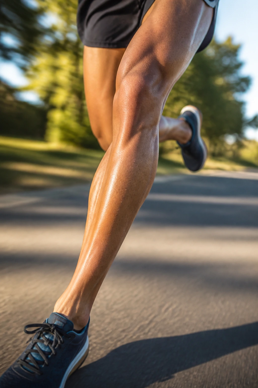 Close-up of a leg in motion during an outdoor run