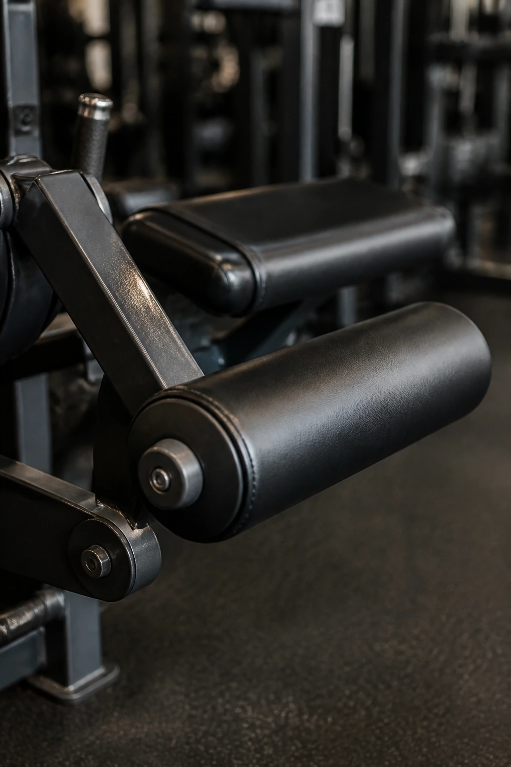 Leg curl machine pad and lever close-up in gym.