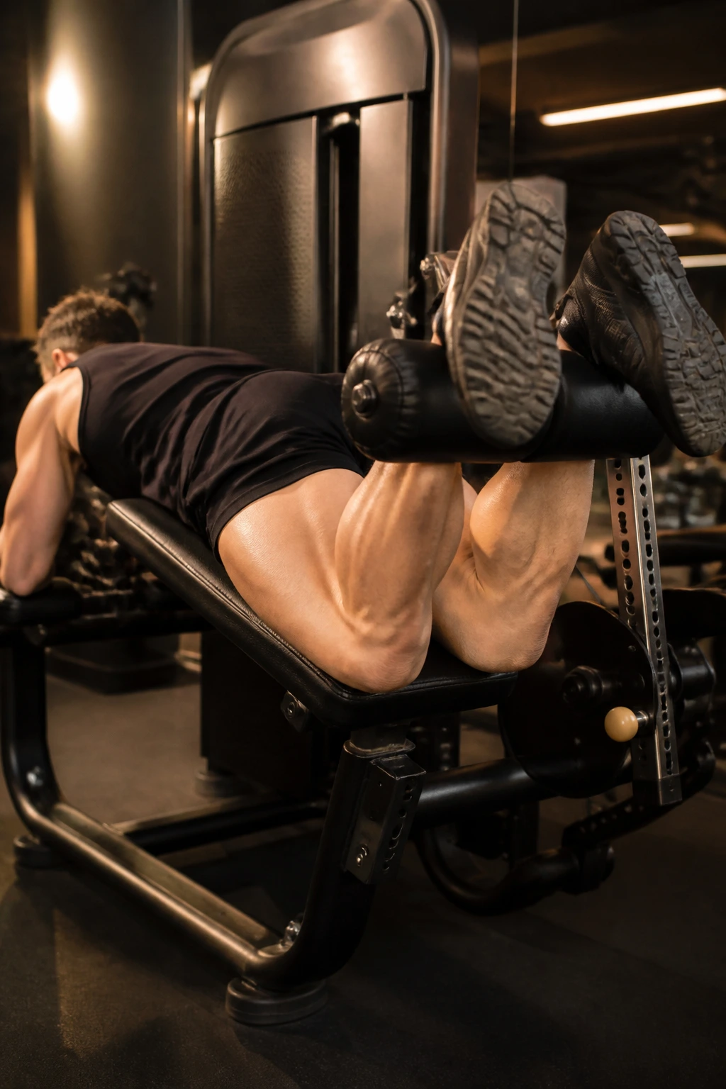 Person using leg curl machine to train hamstrings in gym