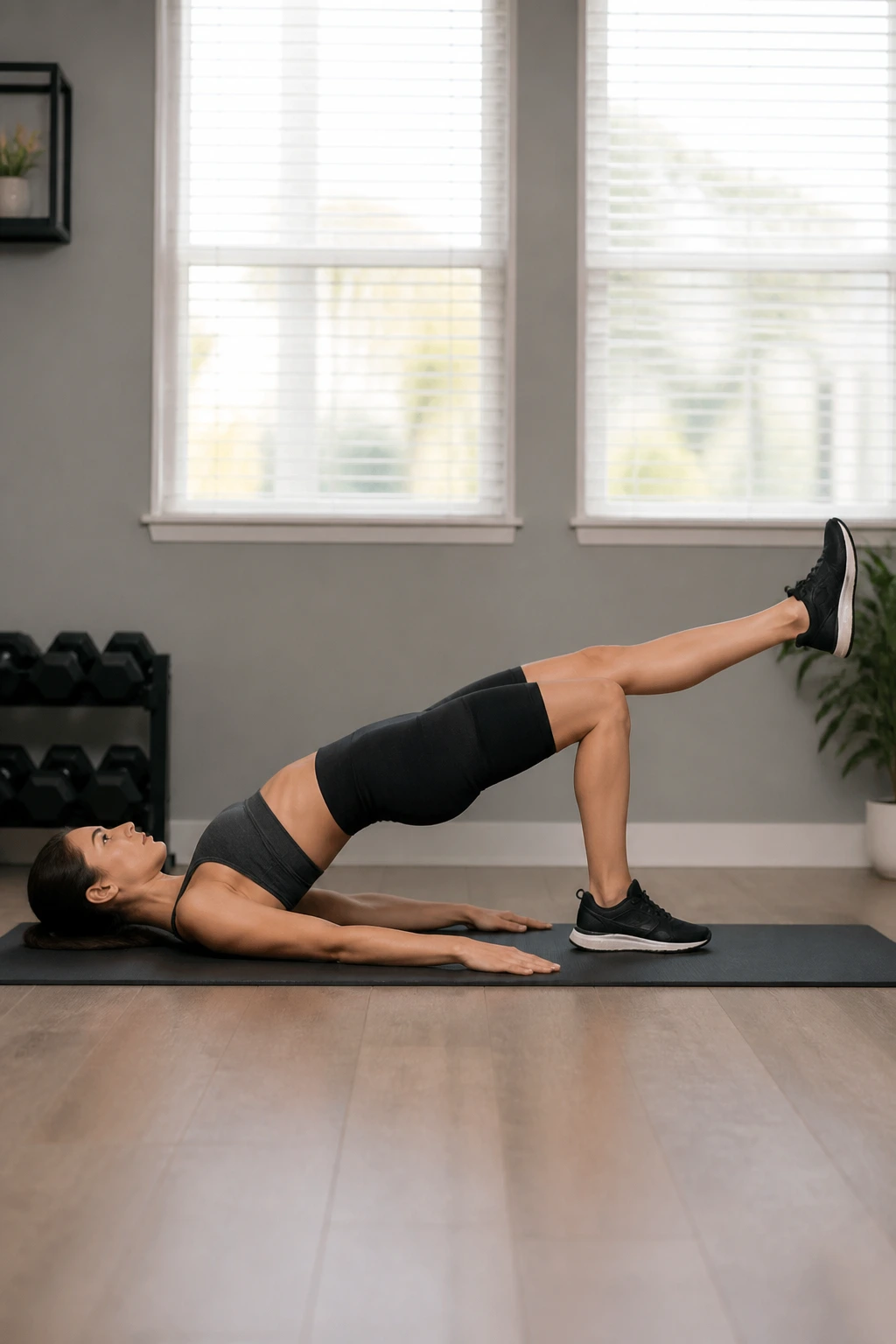 Bridge with leg extended straight ahead during single-leg bridge