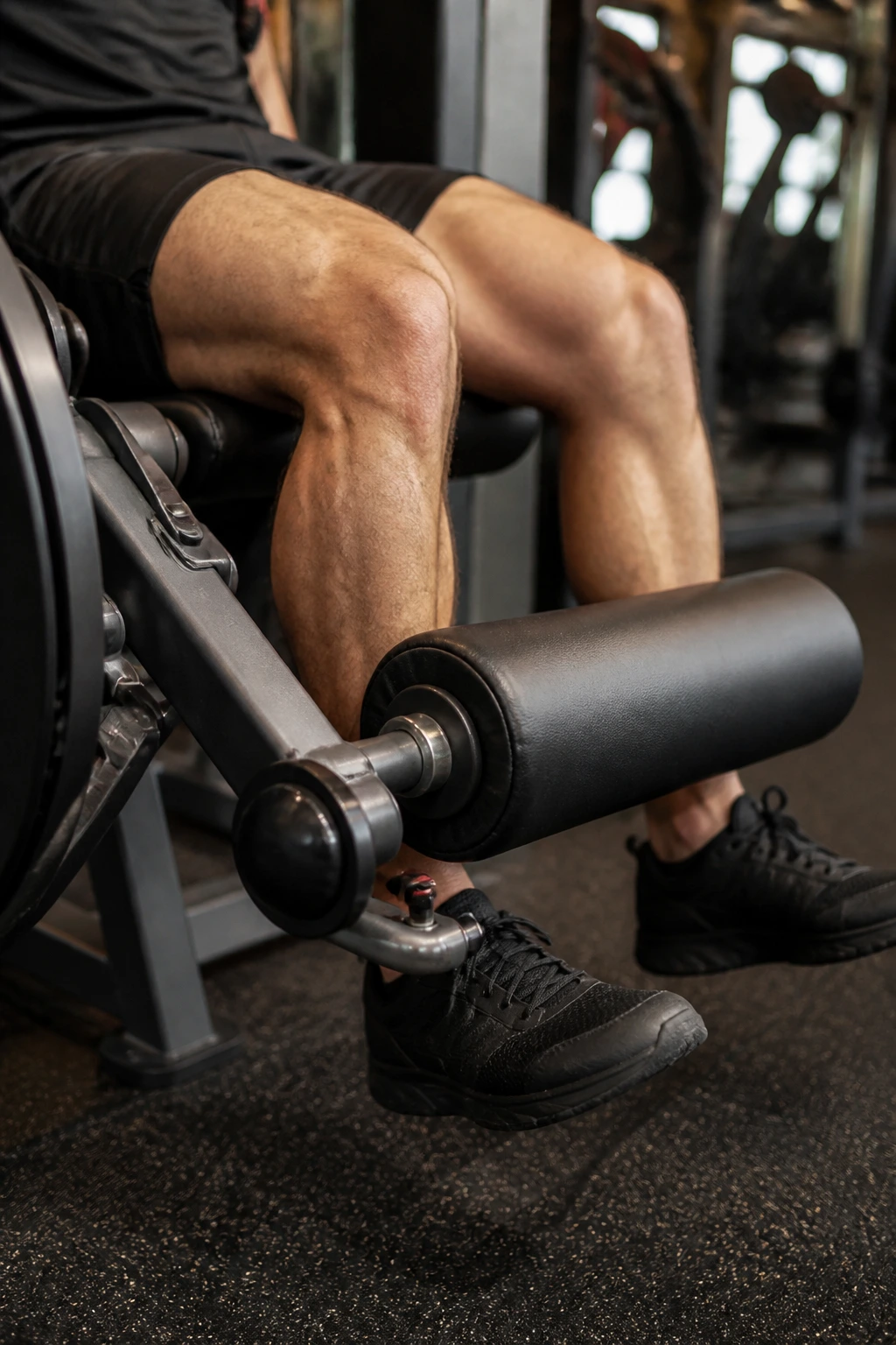 Close-up of leg extension machine pad and lever in a gym, quad isolation equipment