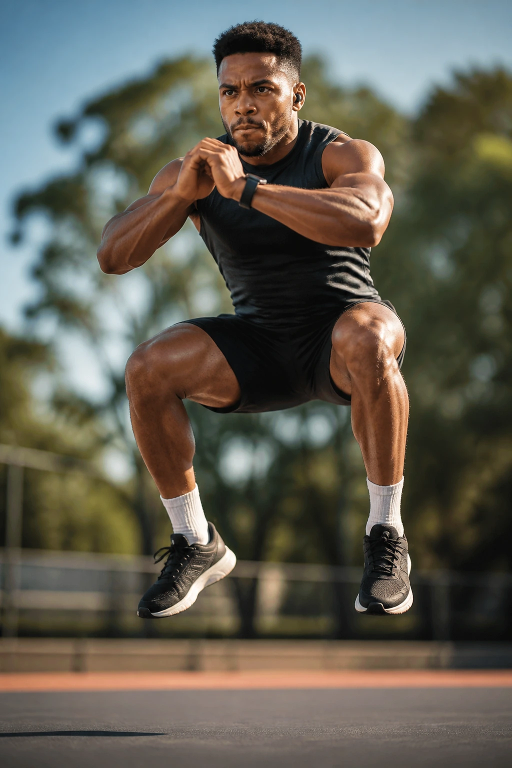 Explosive jump squat showing leg power in a real person