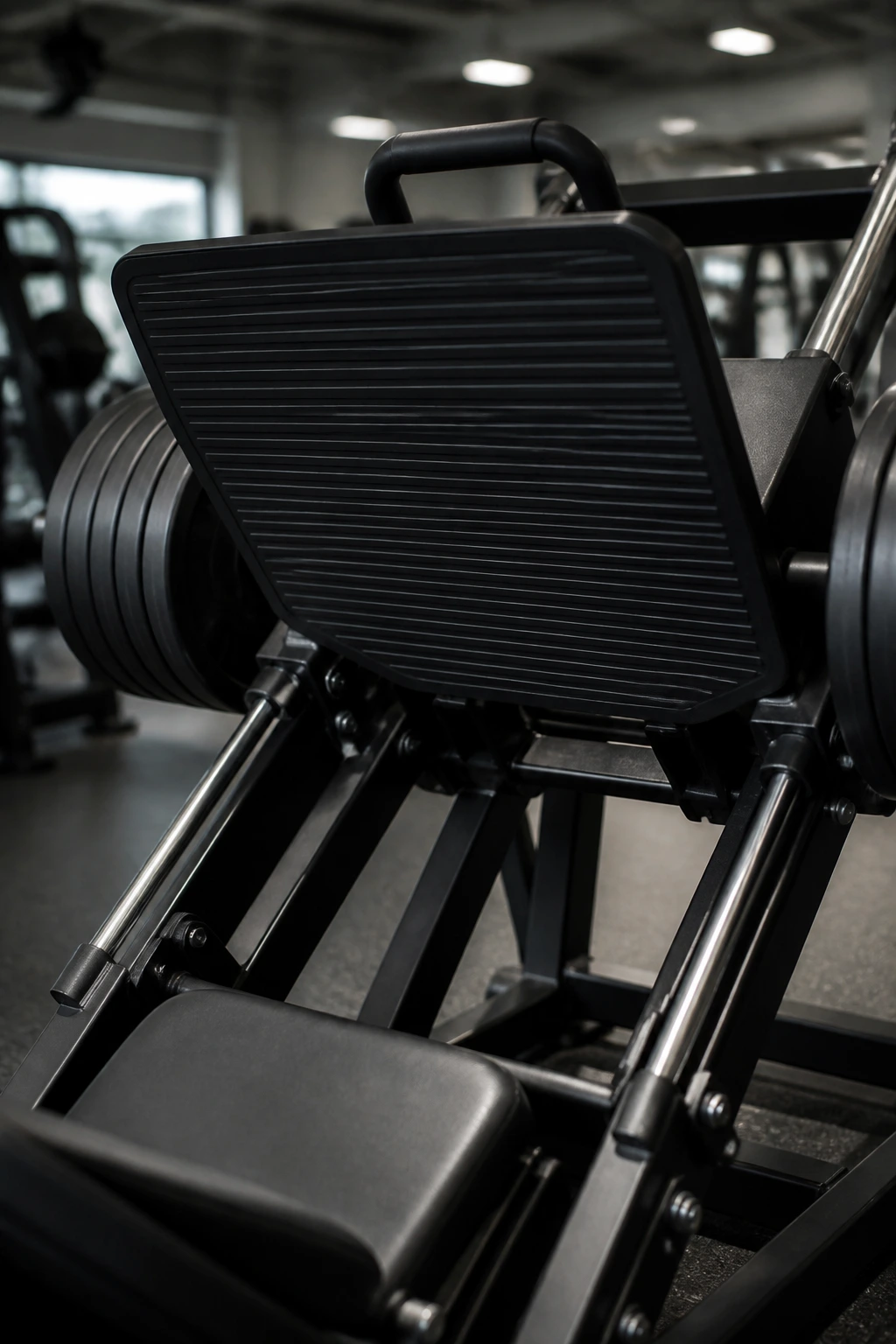 Close-up of a leg press sled and footplate in a gym