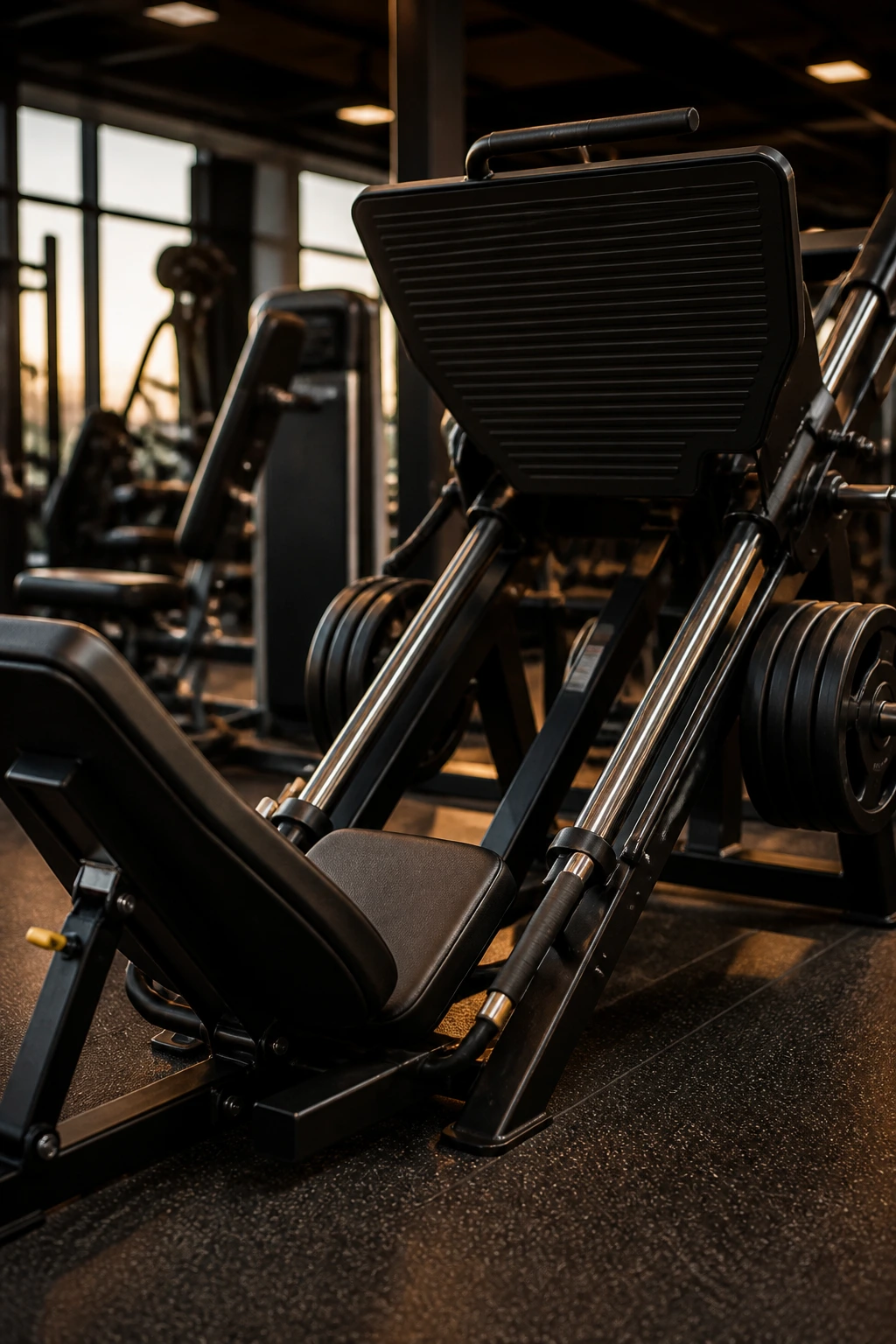Leg press machine in a gym front and center
