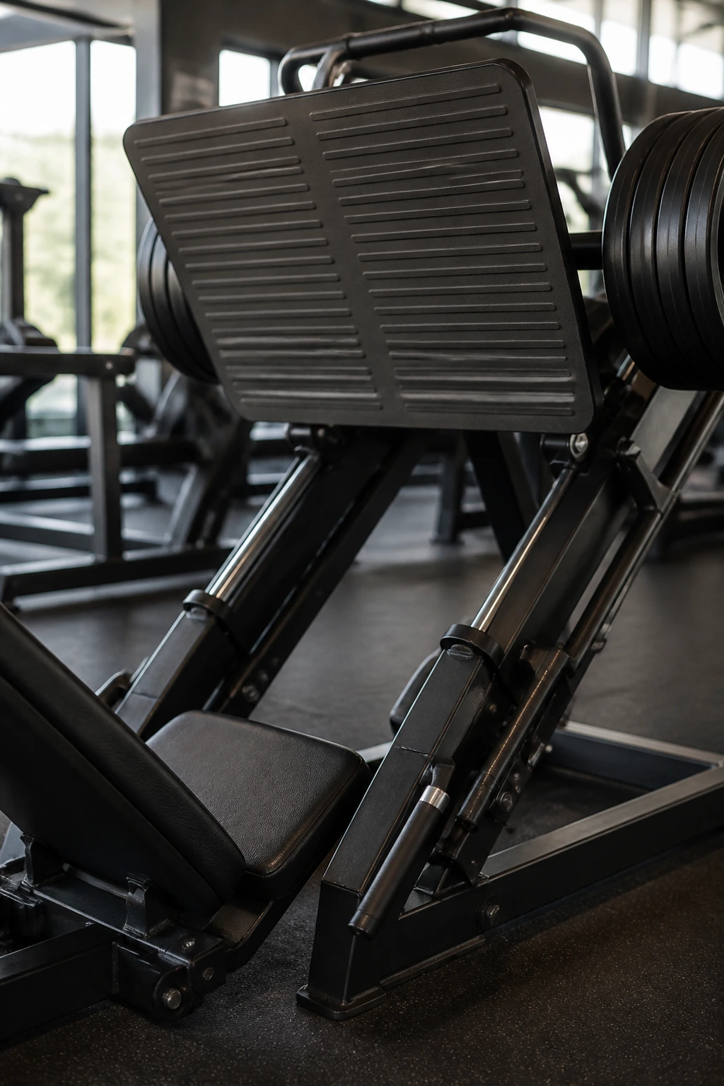 Leg press sled and foot platform close-up in gym.