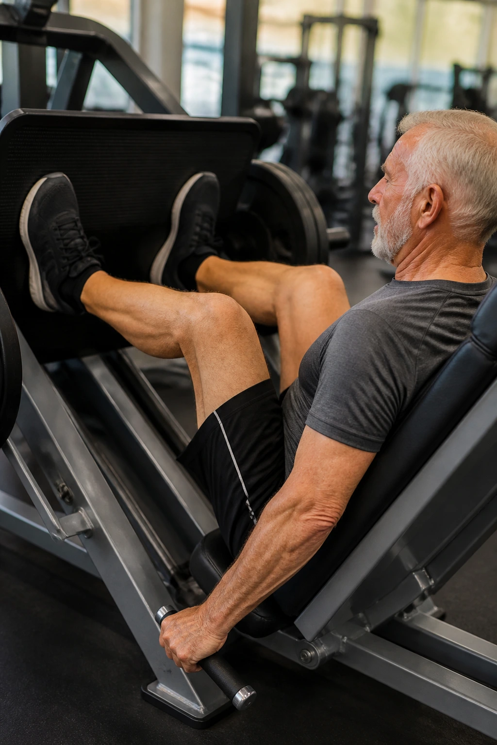 Senior performing leg press on machine in gym