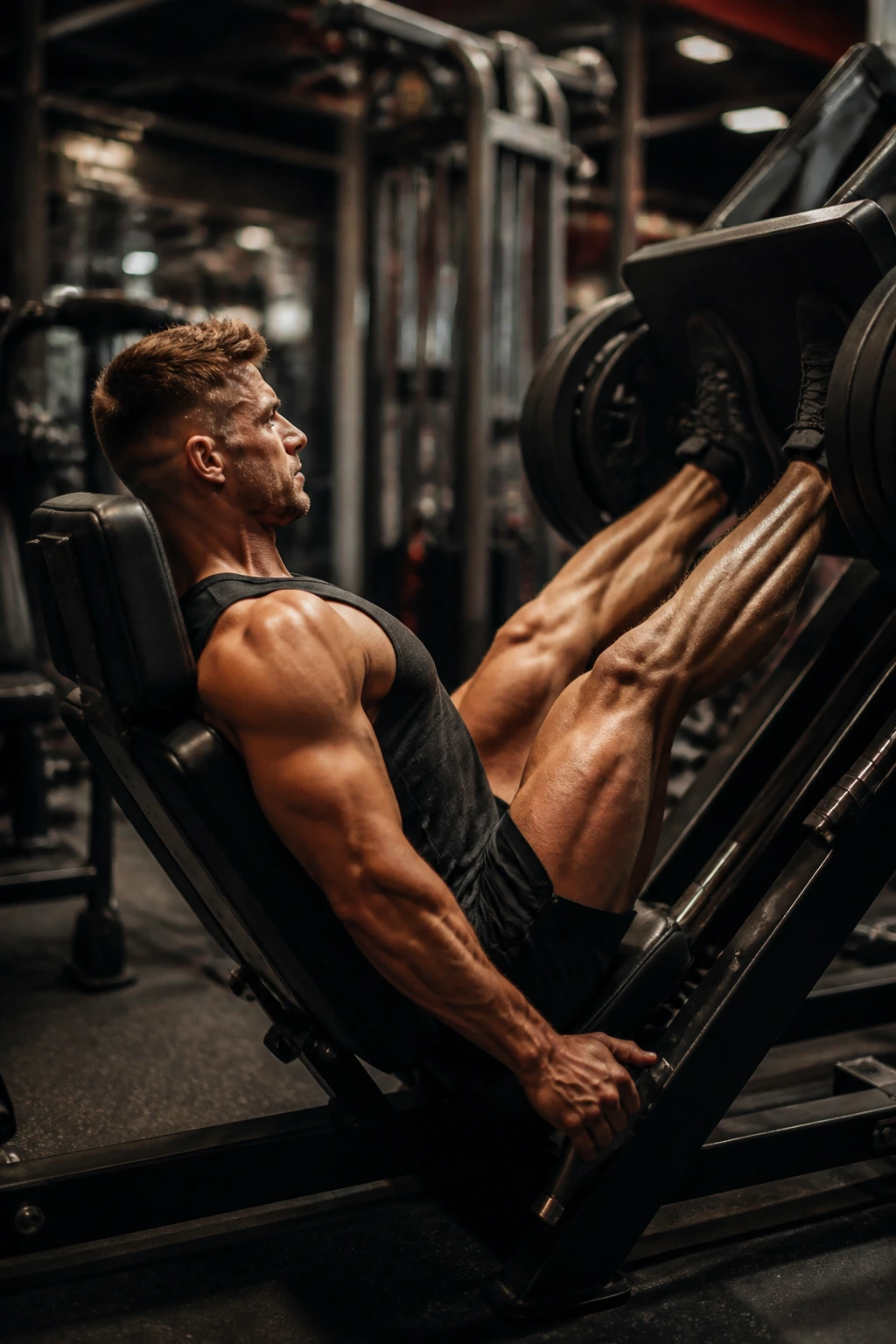 Lifter performing leg press focusing on quad contraction on a leg press machine