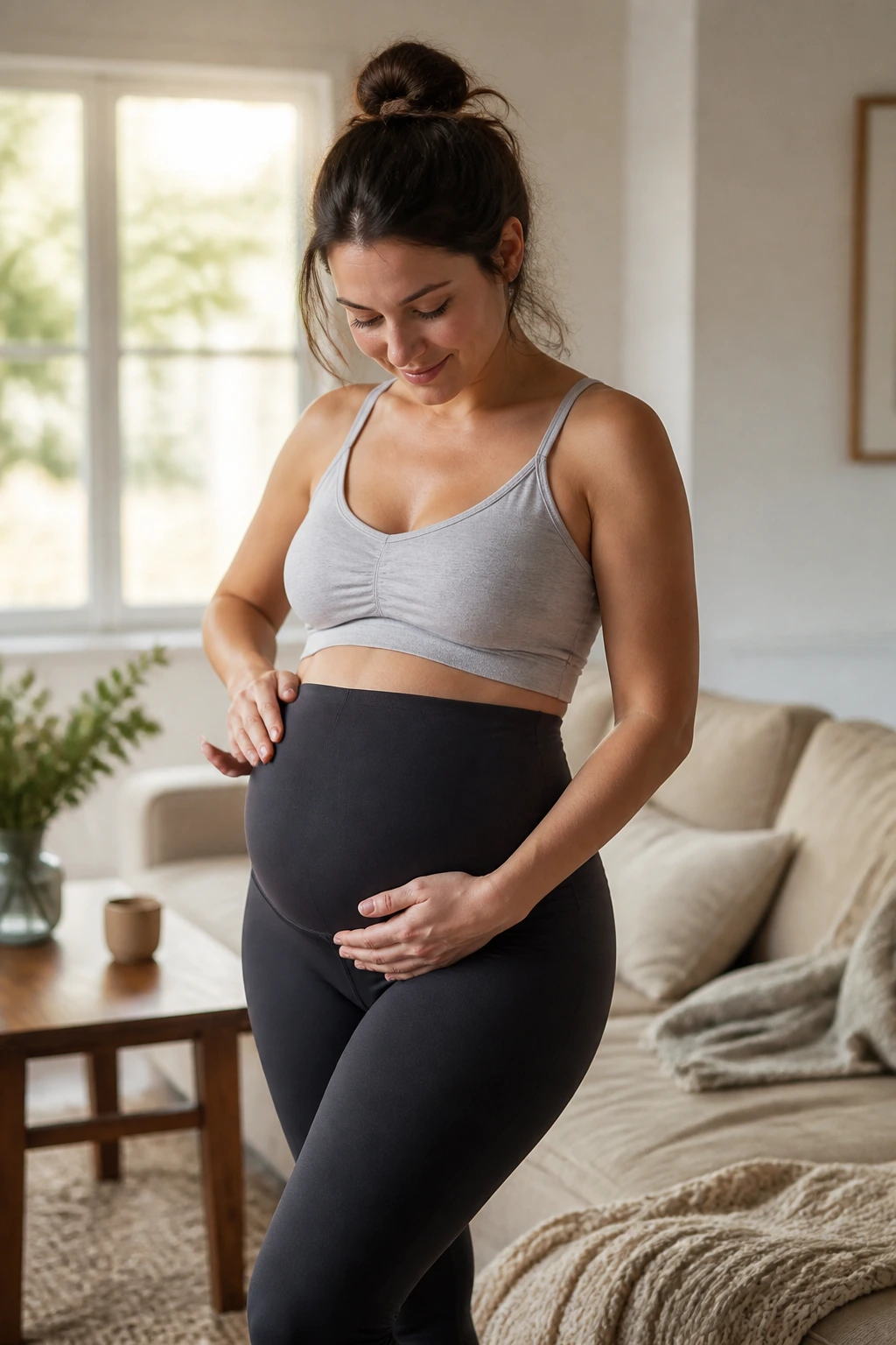 Mid-length shot of a person wearing stretchy high-waisted leggings with a focus on the waistband