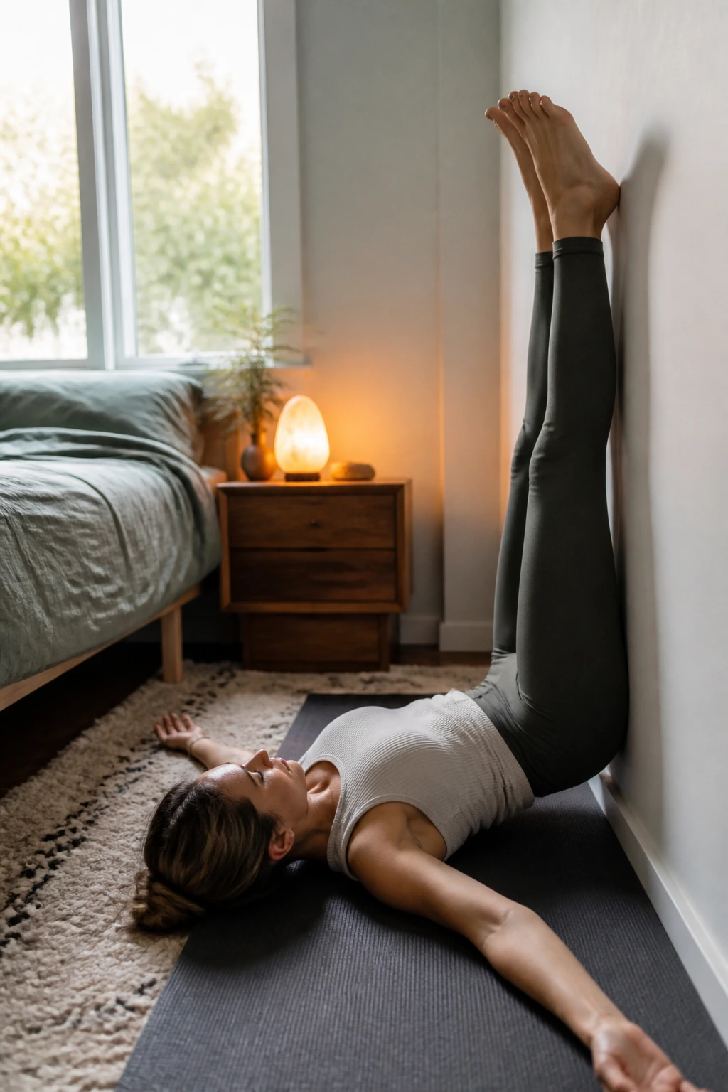 Legs Up The Wall pose with legs resting against the wall on a yoga mat.