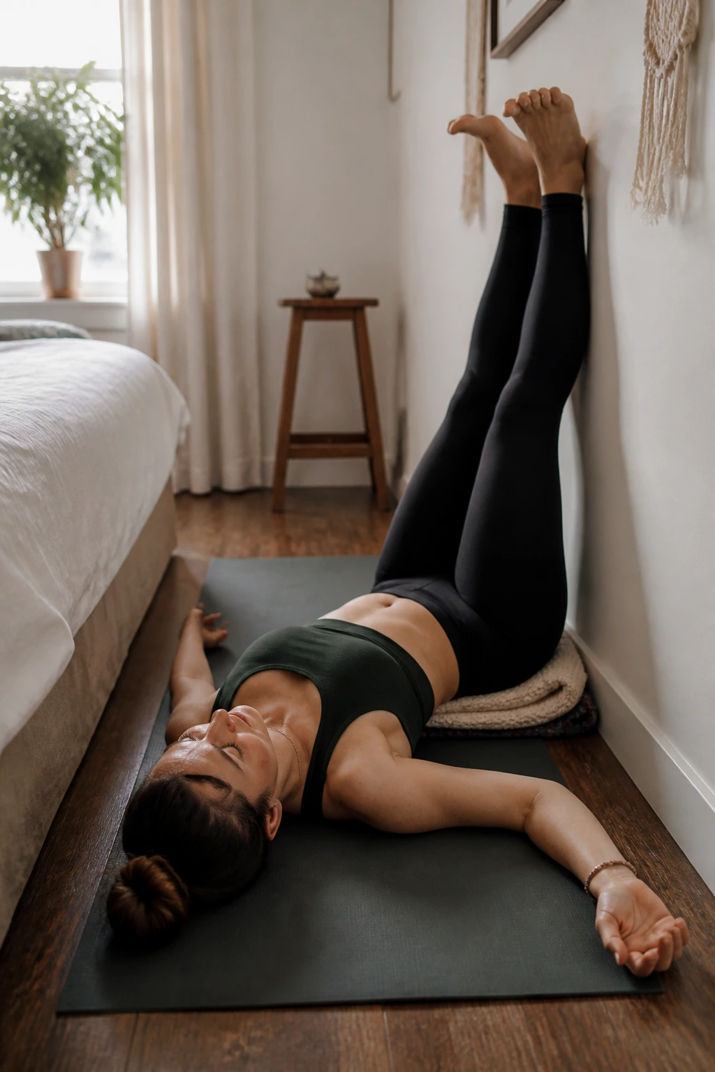 Medium close-up of a person in Legs Up the Wall resting against a wall