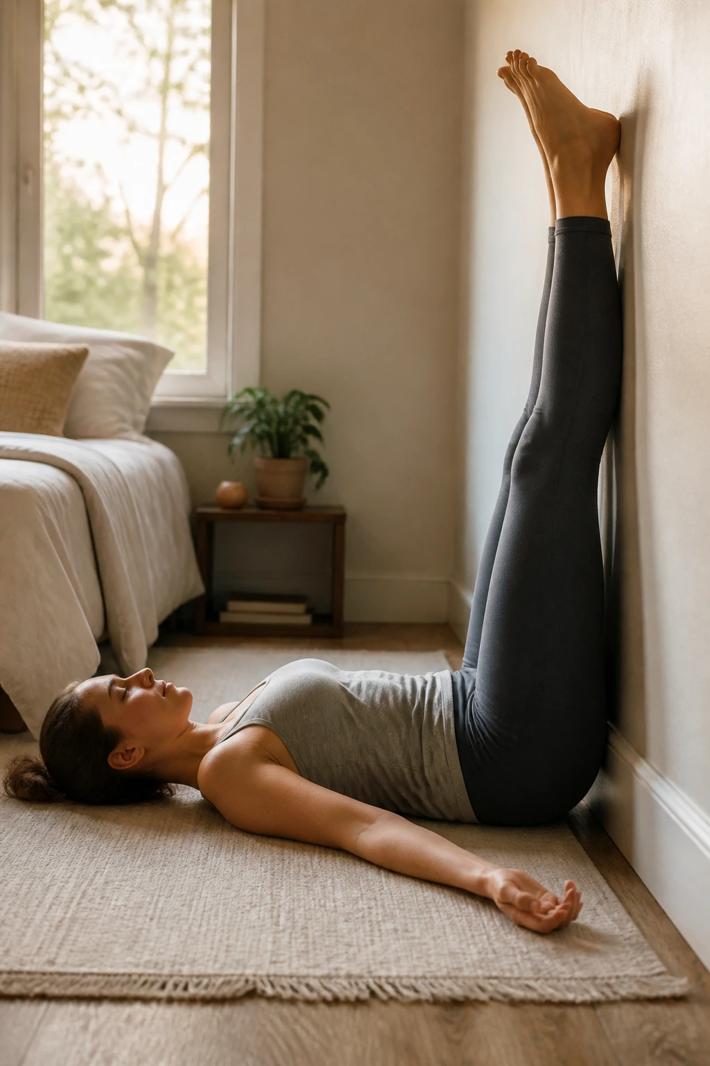 Person in Legs Up the Wall pose resting in a quiet morning bedroom