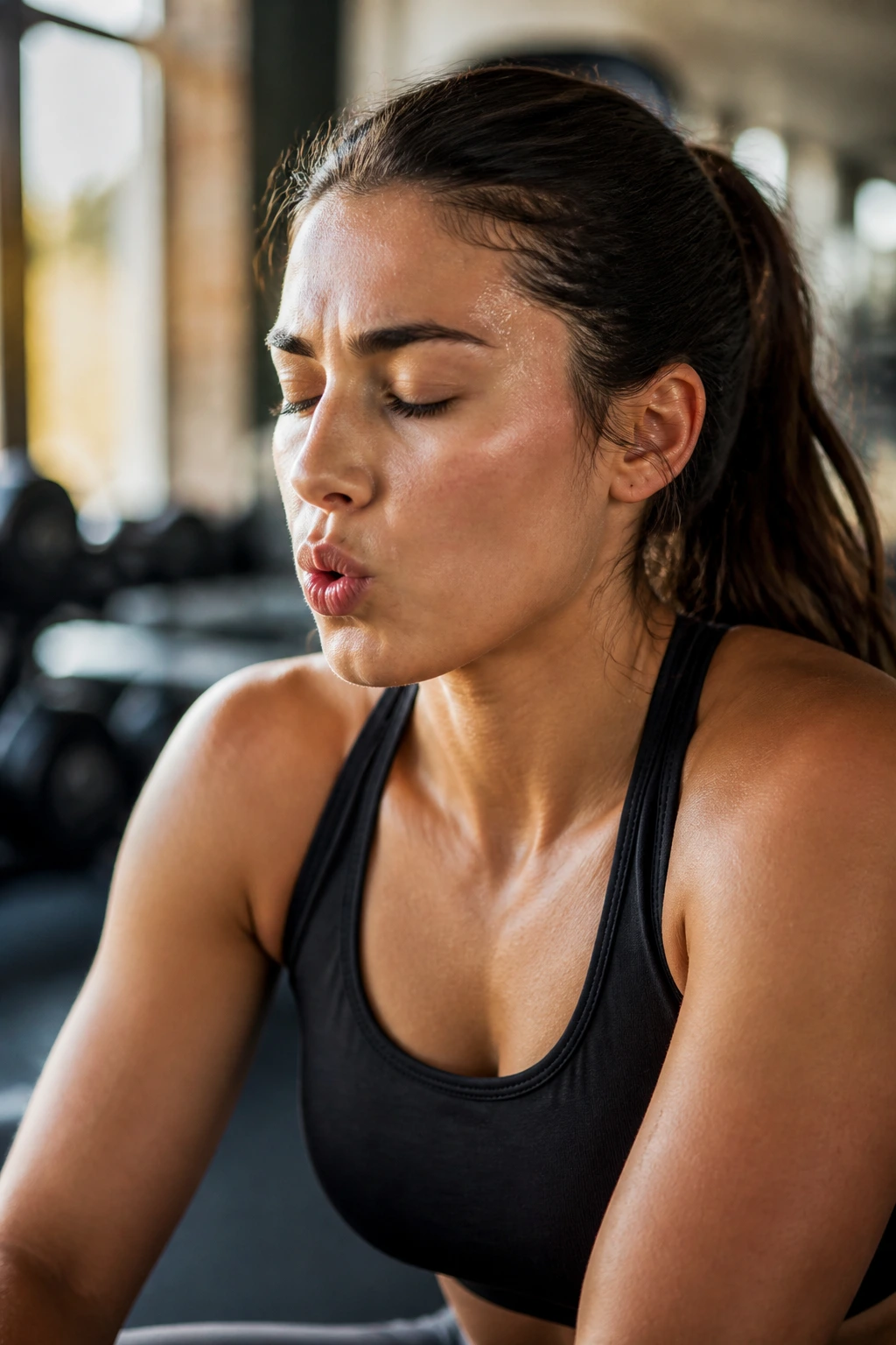 Close-up of a person exhaling slowly in a gym rest area