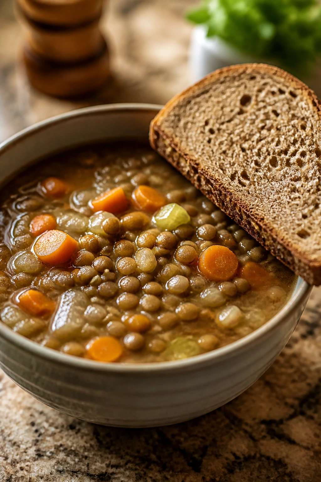 Lentil soup with whole-grain bread in a cozy bowl