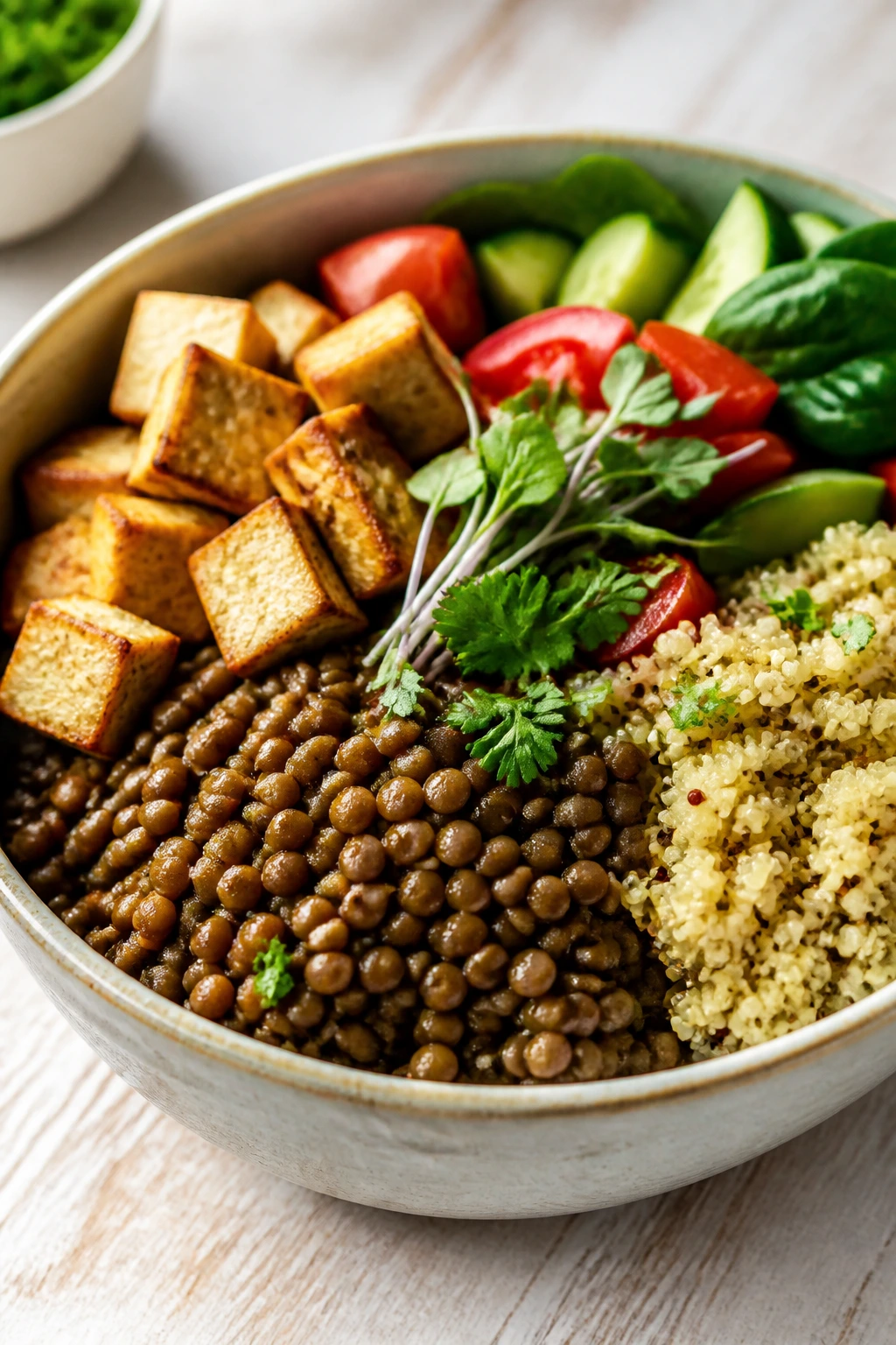 Close-up vegetarian bowl with lentils, tofu, and quinoa