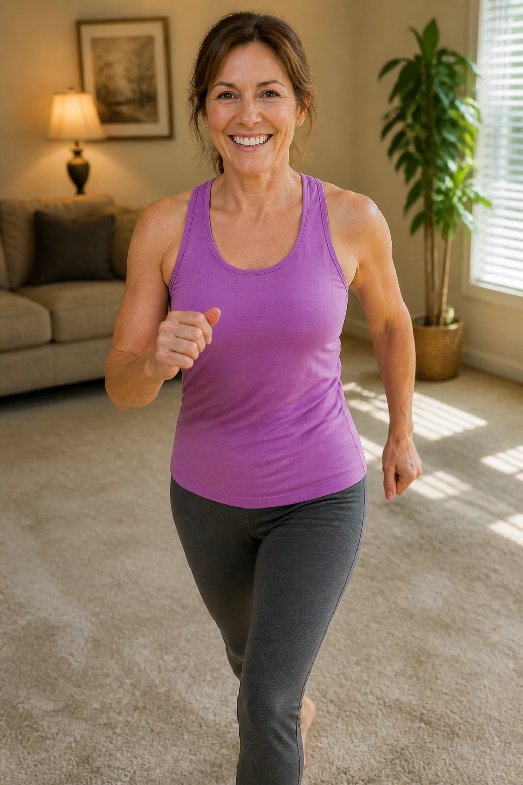 Leslie Sansone mid-walk in a living room during Walk at Home