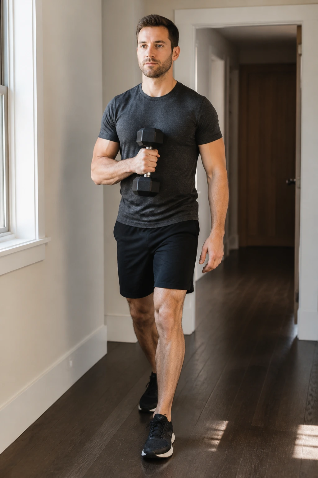 Real person carrying a light dumbbell with proper brace while walking in a hallway.
