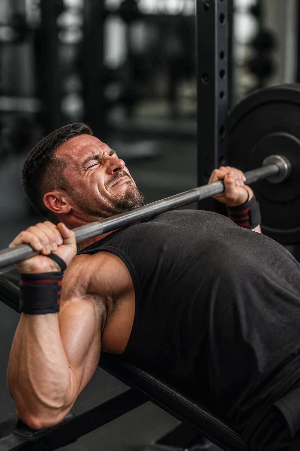 Lifter showing strain during a near-failure bench press