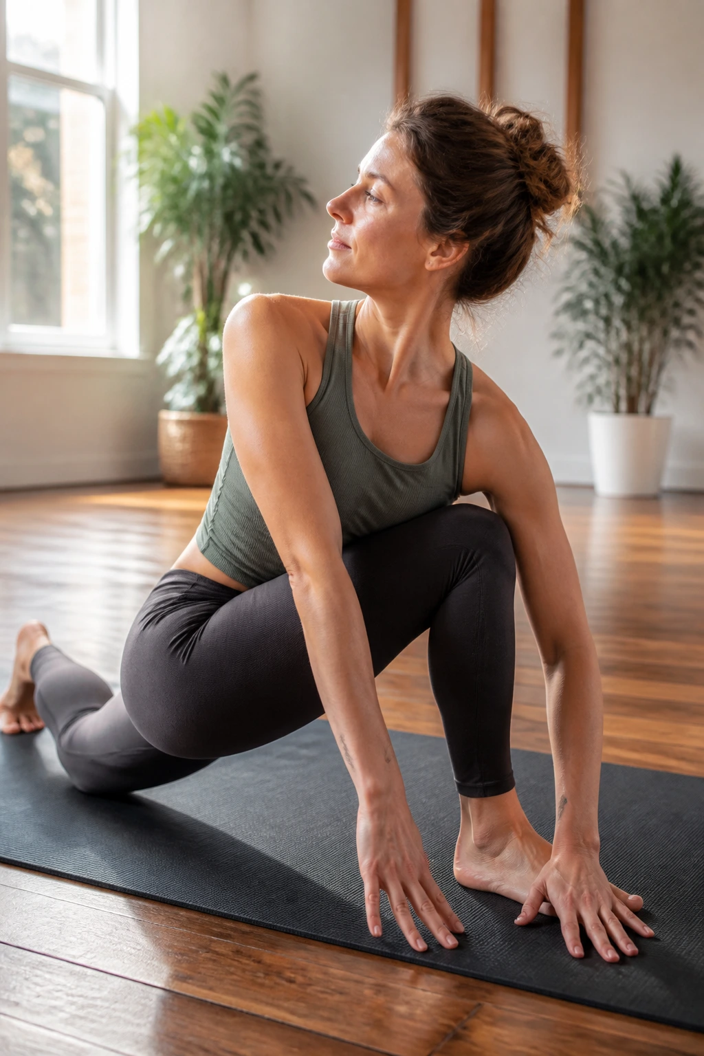Lizard Lunge with Soft Twist in a sunlit studio