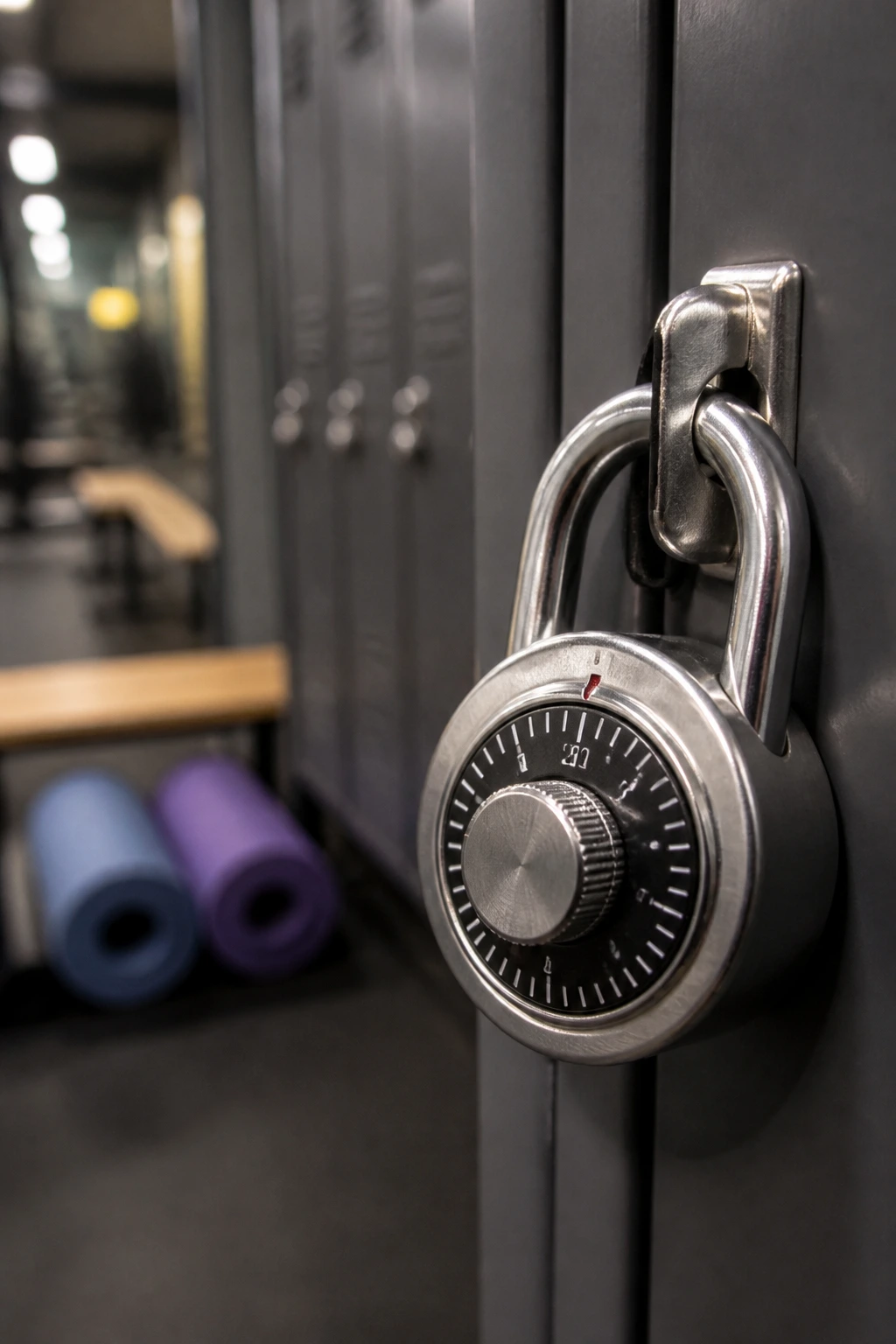 Close-up of a silver combination lock on a gym locker