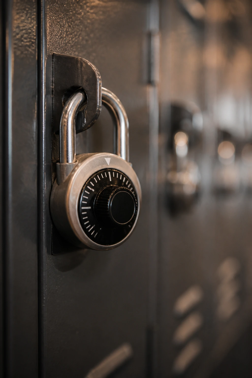 Compact combination lock on a gym locker handle