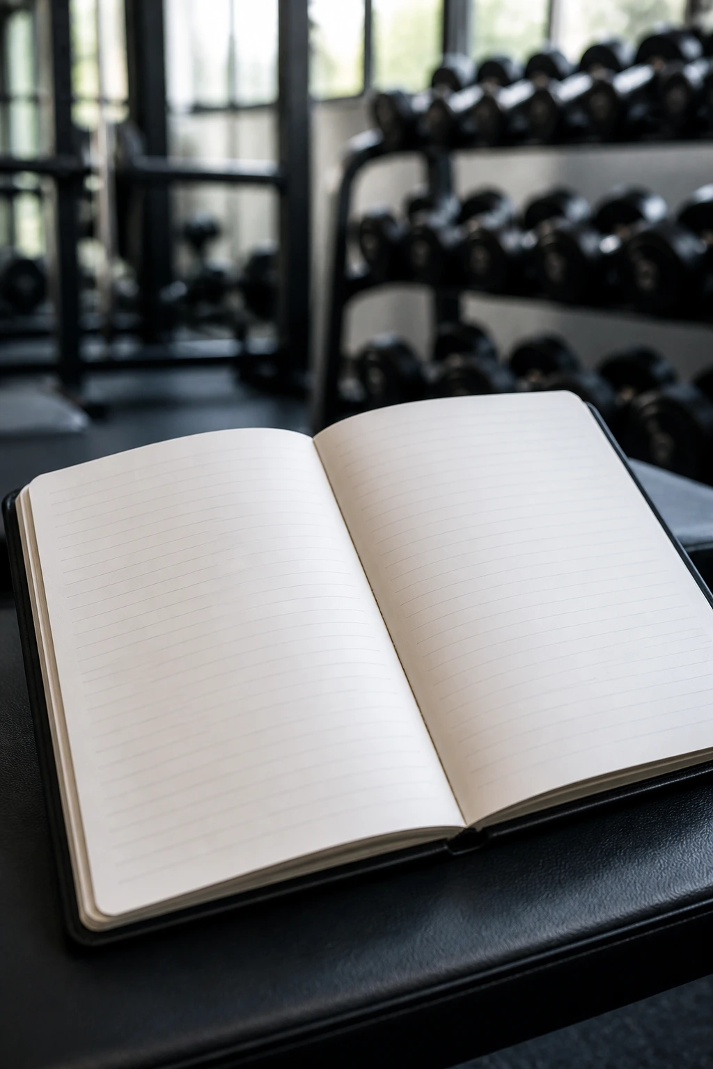 Blank notebook on gym bench representing a training log