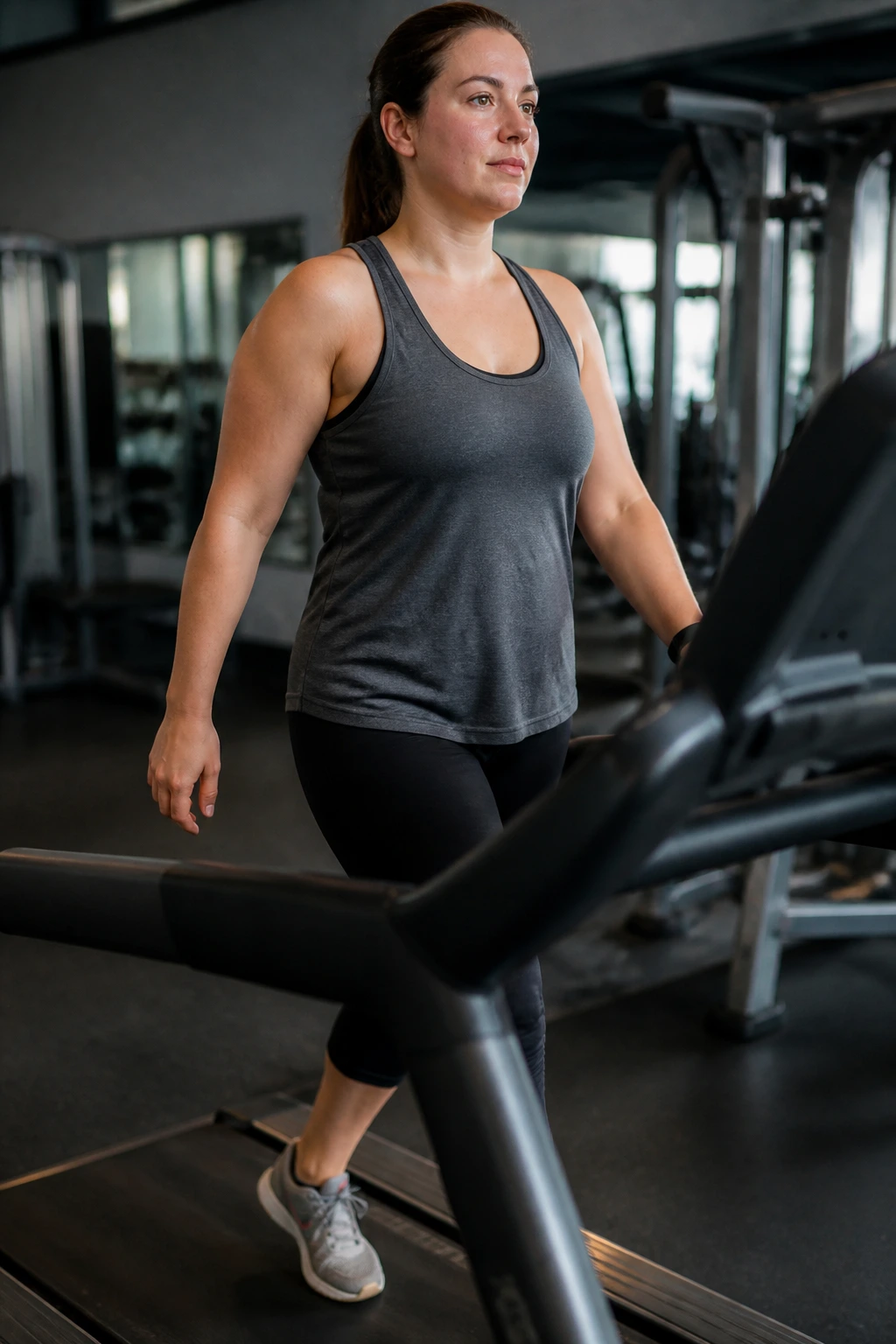 Person on treadmill in a gym maintaining a long recovery pace with easy jog in the frame