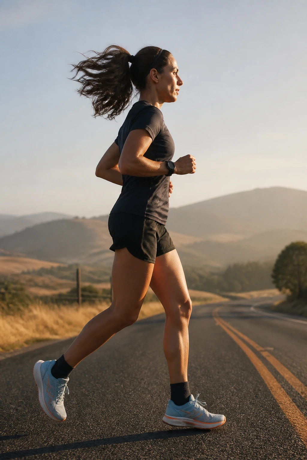 Runner on a long rural road at dawn
