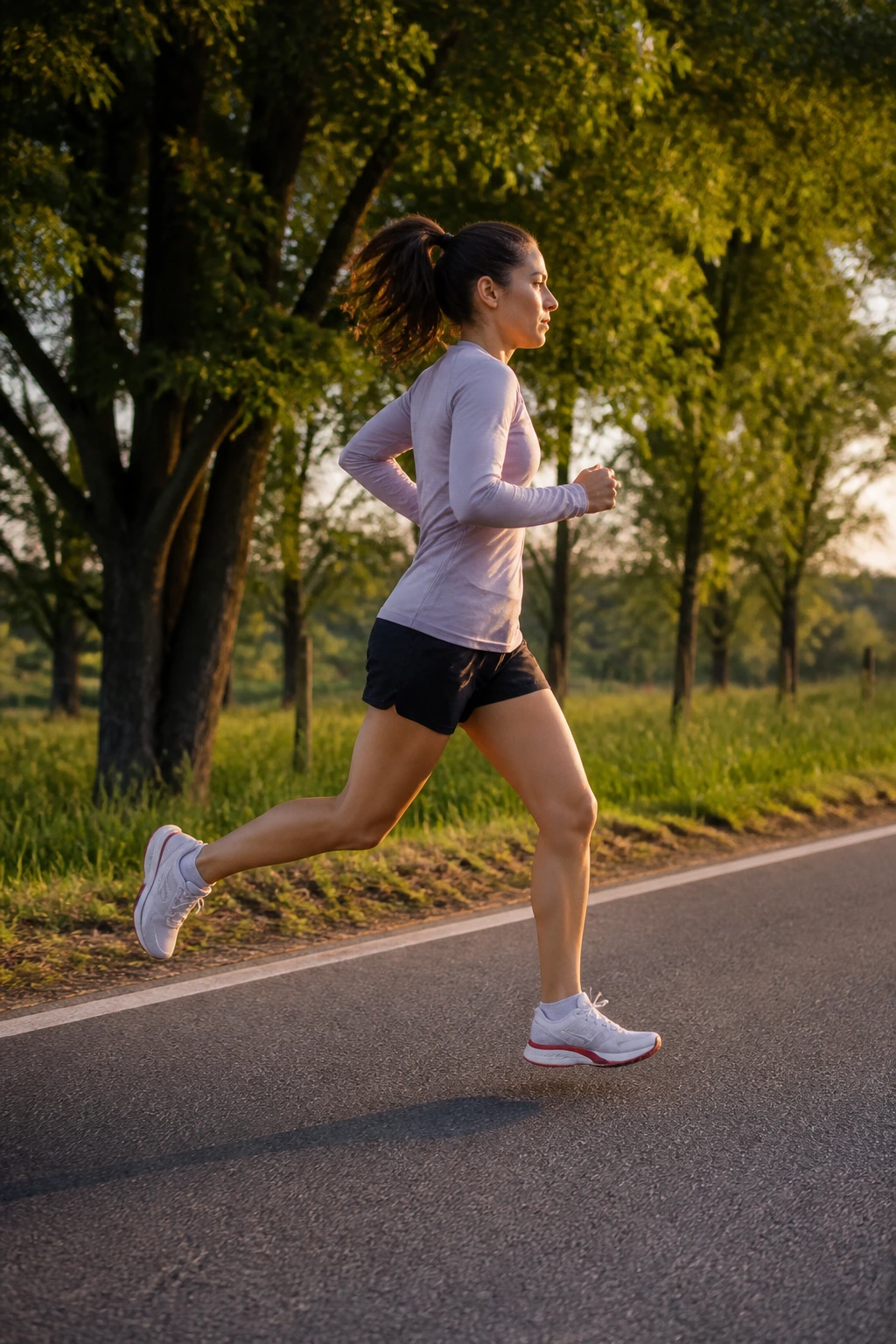 Runner on country road performing short surges during long run.
