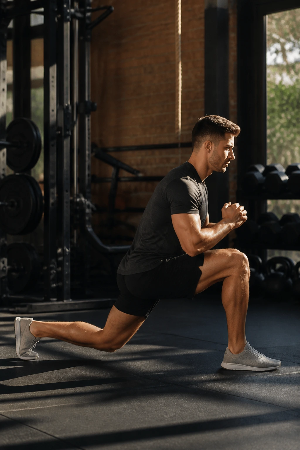 Real person performing a long-step reverse lunge in a gym